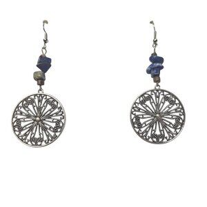 Boho Silver Tone Wooden Bead Floral Filigree Earrings